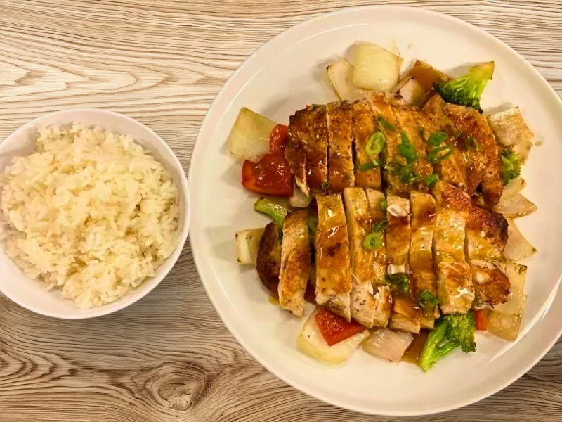 Grilled teriyaki chicken with vegetables and steamed rice at Sake Mian, a Japanese Restaurant in Ardmore